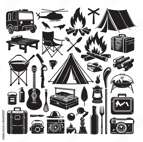 Camping and Outdoors set silhouette vector illustration