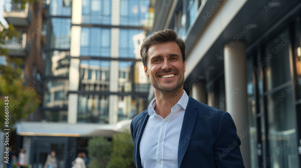 Businessman in an elegant suit exits a large office building, smiling and heading home. Businessman in an elegant suit exits a large office building, smiling and heading home.