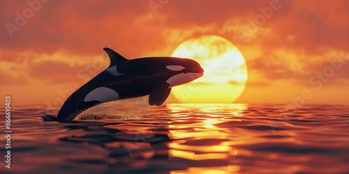 Orca whale jumping in the sunset-lit water. Concept Nature Photography, Marine Life, Sunsets, Ocean Wildlife, Whales photo