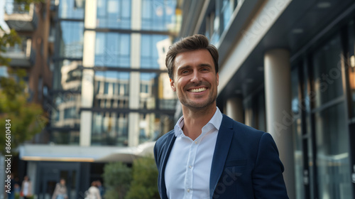 Wallpaper Mural Businessman in an elegant suit exits a large office building, smiling and heading home. Torontodigital.ca