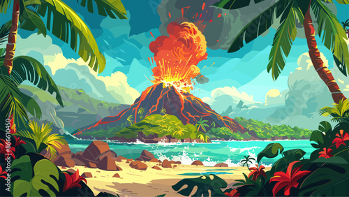 Erupting Volcano on an Island in the Ocean. View from a Thicket of Tropical Plants Cartoon Background. Volcanic Eruption in Exotic Landscape. Adventure Game Scene Illustration