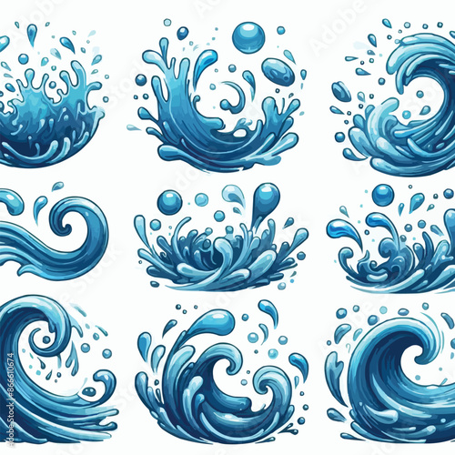 Liquid water splashes, falling aqua drops, sea or ocean waves and swirl. Blue water motion effects vector cartoon set