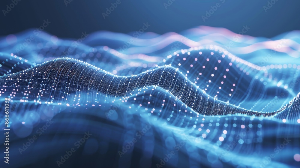 Three-dimensional rendering of futuristic abstract mesh. Dots and lines connect to form a wave. Three-dimensional rendering of futuristic abstract mesh. Dots and lines connect to form a wave.
