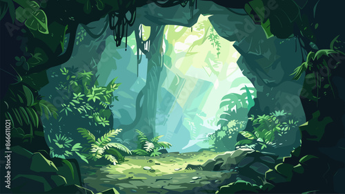 Fairy Tale Cave in the Rainforest Background. Game Style Cartoon Illustration. Enchanted Grotto in Exotic Jungle. Adventure Game Scene Design. Hidden Cave in Lush Greenery