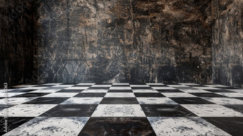 Grunge room with a black and white checker floor. photo
