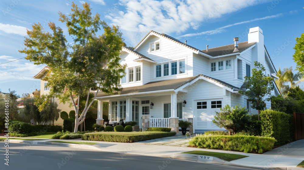 Southern House with Garden. Architecture Exterior with Windows. Residential Building (one family). Real Estate. Suburban Residence. Southern House with Garden. Architecture Exterior with Windows. Residential Building (one family). Real Estate. Suburban Residence.