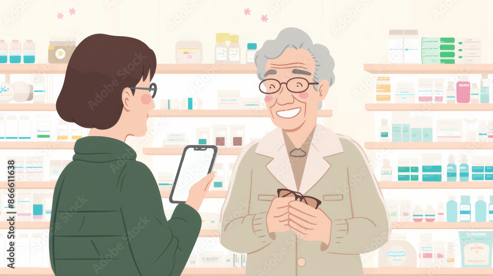 Obraz premium An illustration of a pharmacist advising a middle-aged person on medication, highlighting the pharmacist's role in healthcare and patient support.