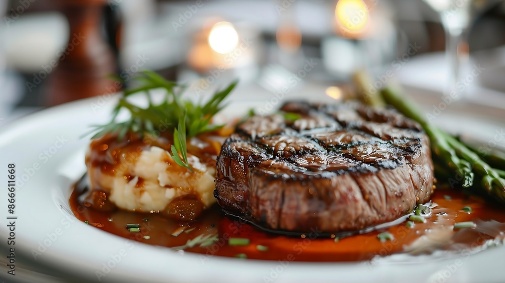 grilled steak, cooked to perfection, with a side of mashed potatoes and steamed asparagus, set on a restaurant table with elegant place settings