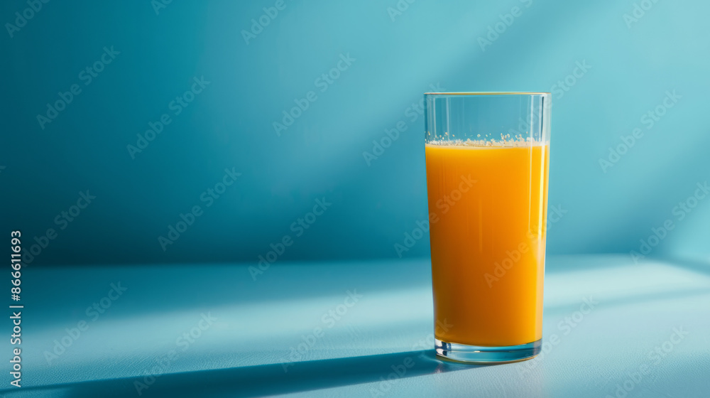 Orange juice in a clear glass on a blue background. Orange juice in a clear glass on a blue background.