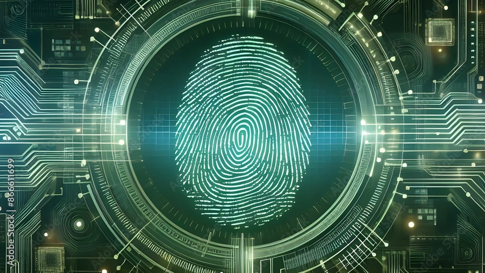 Modern technological fingerprint scanner on a green electrical circuit board and enhancing the security system Modern technological fingerprint scanner on a green electrical circuit board and enhancing the security system