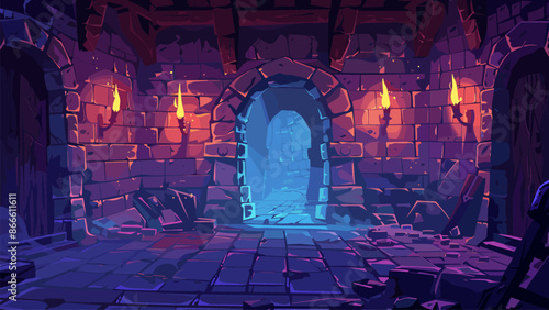 Fairy Tale Dungeon with Hidden Treasures in the Depths and Torches on the Walls Cartoon Background. Enchanted Secret Underground Lair. Fairy Tale Adventure Scene