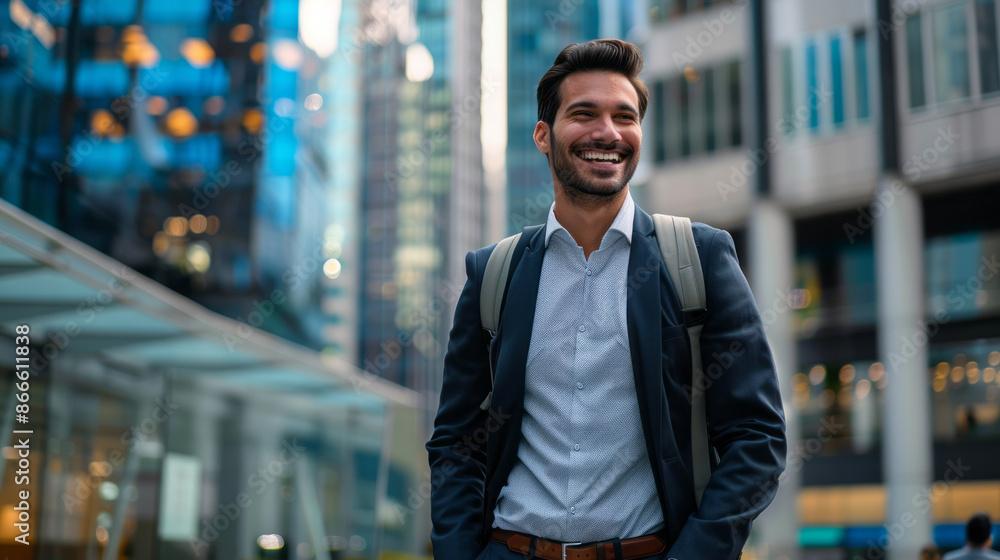 Businessman in an elegant suit exits a large office building, smiling and heading home. Businessman in an elegant suit exits a large office building, smiling and heading home.
