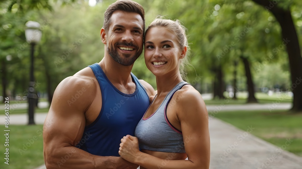 Couple in Athletic Wear Walking Through Park on Sunny Day Couple in Athletic Wear Walking Through Park on Sunny Day