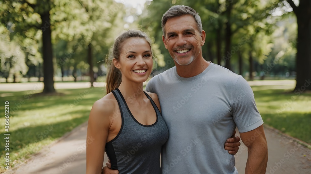 Couple in Athletic Wear Walking Through Park on Sunny Day Couple in Athletic Wear Walking Through Park on Sunny Day