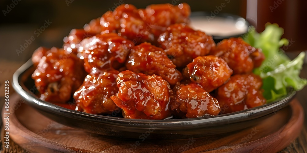 Buffalo sauce-coated boneless wings served on a plate. Concept Chicken Wings, Buffalo Sauce, Boneless, Appetizer, Plate Presentation Buffalo sauce-coated boneless wings served on a plate. Concept Chicken Wings, Buffalo Sauce, Boneless, Appetizer, Plate Presentation