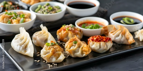 Wallpaper Mural Variety of Asian Dumplings with Sauces and Side Dishes on Dark Platter. Concept Dumpling Delights, Asian Cuisine, Tasty Sauces, Side Dishes, Dark Platter Presentation Torontodigital.ca