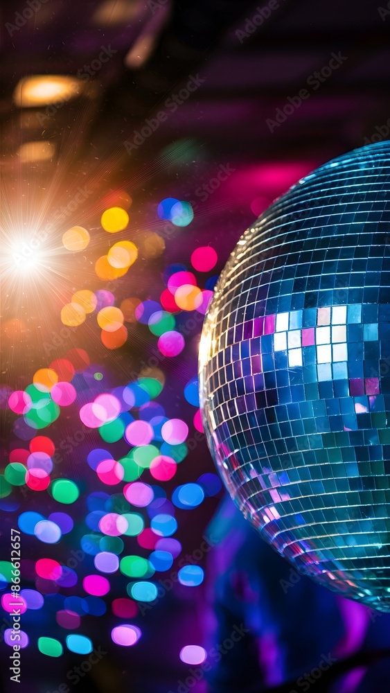 Fototapeta premium Disco ball reflecting hues, against multicolored bokeh lights Vertical Mobile Wallpaper