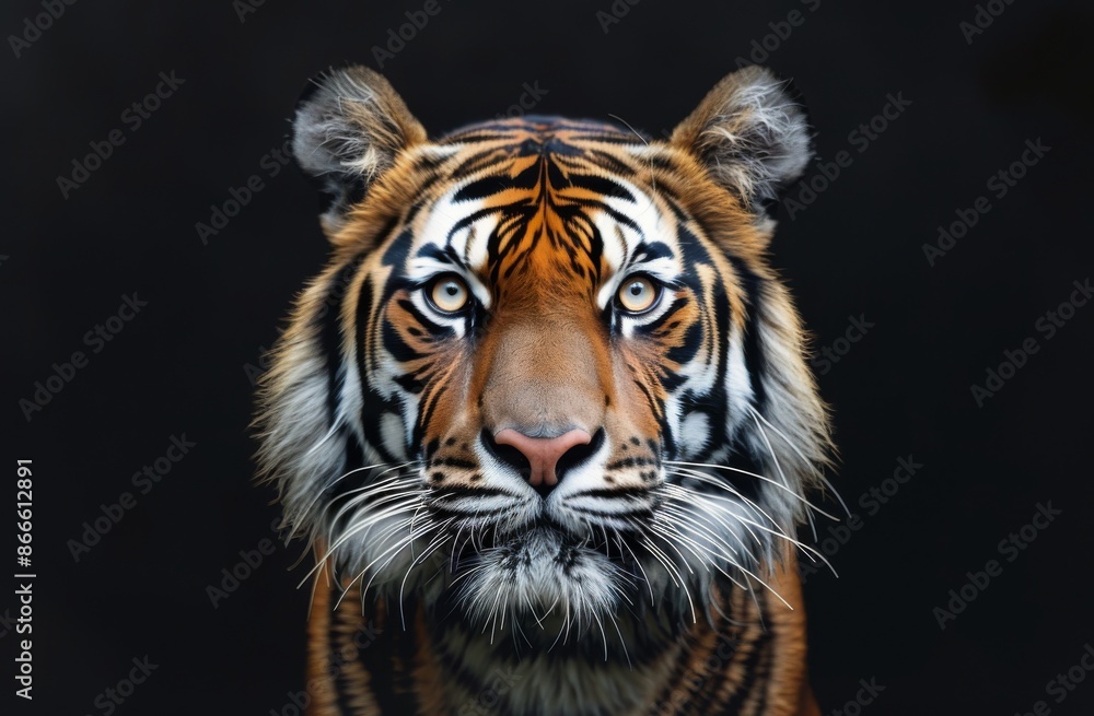 A Close-Up Portrait of a Majestic Tiger Against a Dark Background A Close-Up Portrait of a Majestic Tiger Against a Dark Background