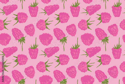 Abstract raspberry hand-drawn illustrations. Raspberries woodblock printing for textile design, fabric oranment, banner with floral pattern seamless. Juice or jam label design. Blackberry background. 