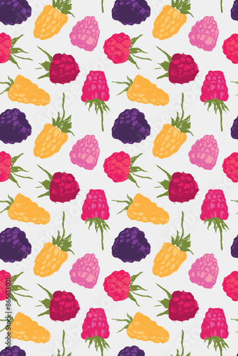 Abstract raspberry hand-drawn illustrations. Raspberries woodblock printing for textile design, fabric oranment, banner with floral pattern seamless. Juice or jam label design. Blackberry background. 