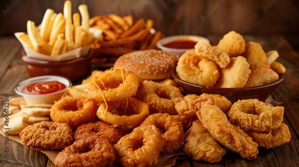 Assortment of fast food delights including onion rings, fries, nuggets, and crispy chicken, arranged to tempt taste buds Assortment of fast food delights including onion rings, fries, nuggets, and crispy chicken, arranged to tempt taste buds