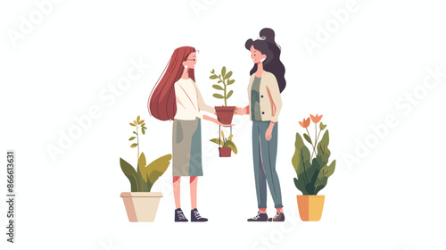 People and beautiful flower. One girl tends her house