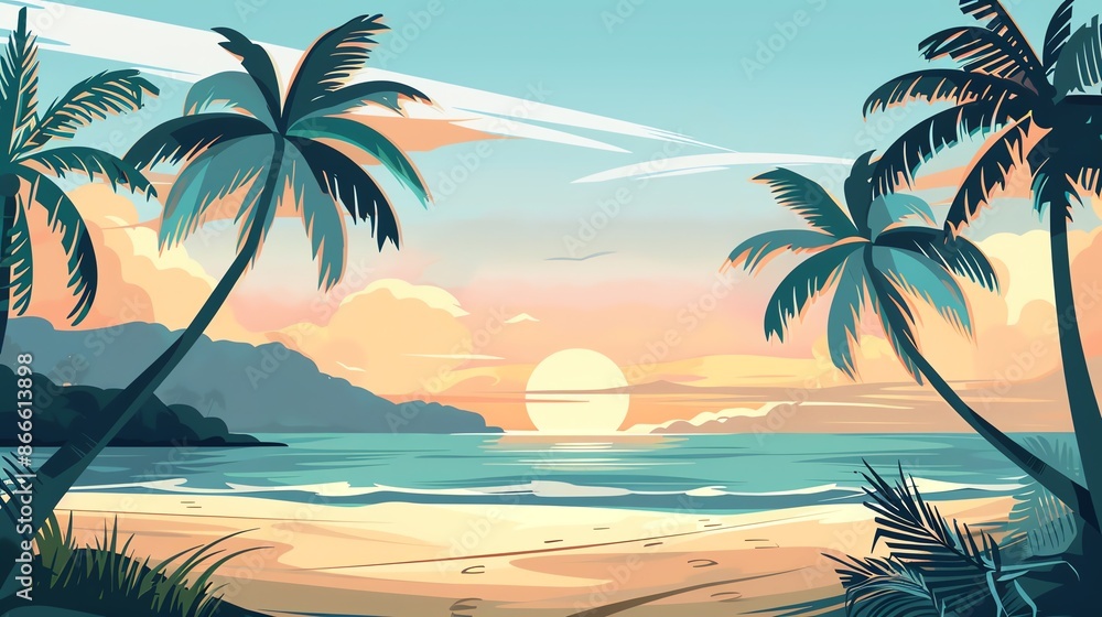 Fototapeta premium A picturesque tropical beach scene with palm trees silhouetted against a vibrant sunset over the ocean.