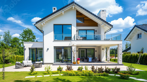Swiss Chalet Style Modern House with Garden. Architecture Exterior with Windows. Residential Building (one family). Real Estate. Suburban Residence.    