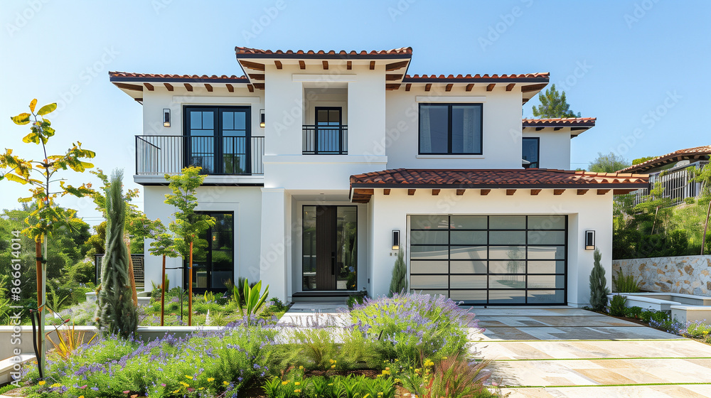 Fototapeta premium Tuscan Style House with Garden. Architecture Exterior with Windows. Residential Building (one family). Real Estate. Suburban Residence.