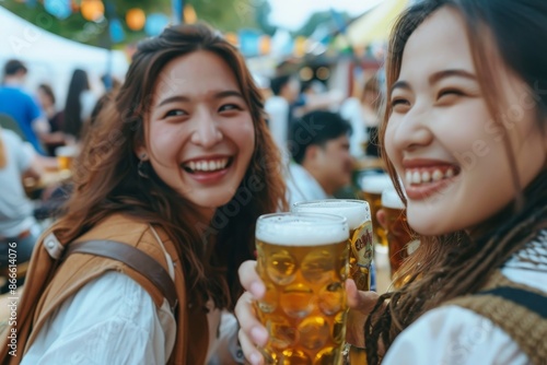 A fictional Oktoberfest or spring festival with dirndls and beer. photo