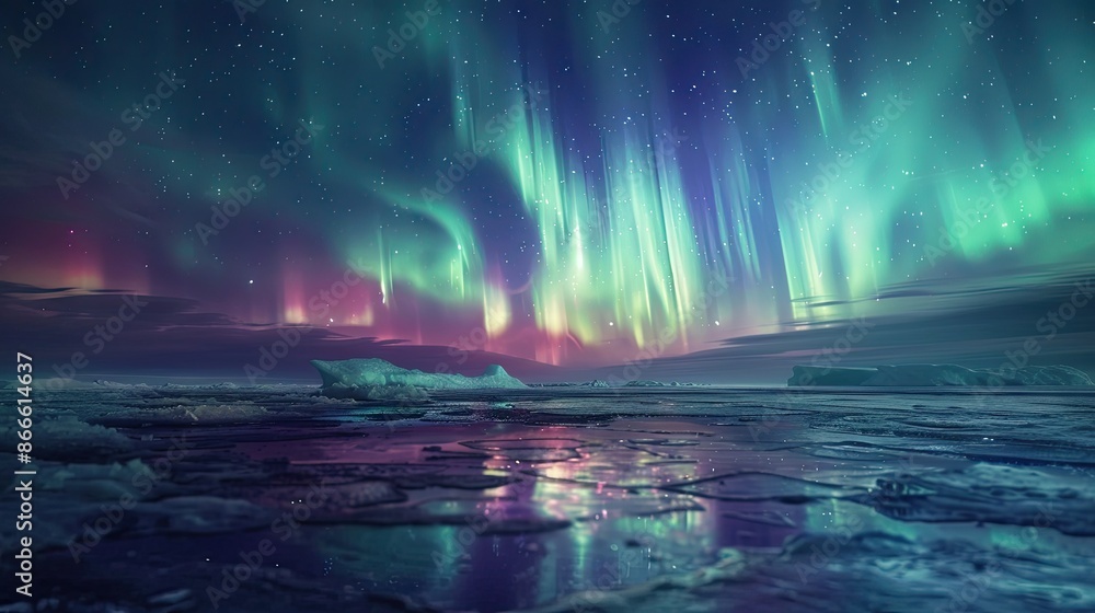 © Matcha_09 - Aurora borealis phenomenon over a tranquil frozen sea shore, with colorful lights shimmering in the Arctic night