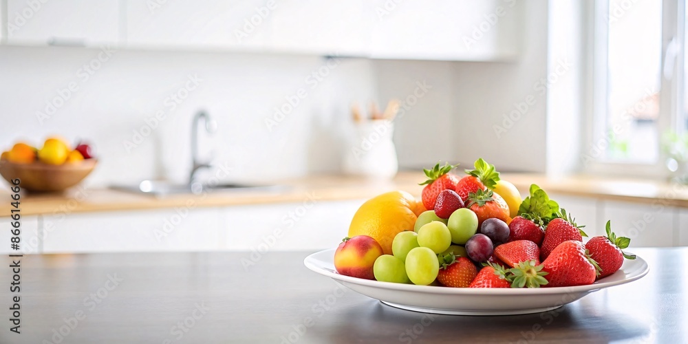 resh Fruit Platter on Kitchen Counter. A colorful assortment of fresh fruits including oranges, apples, strawberries, grapes, and plums artfully arranged on a white plate sitting. resh Fruit Platter on Kitchen Counter. A colorful assortment of fresh fruits including oranges, apples, strawberries, grapes, and plums artfully arranged on a white plate sitting.