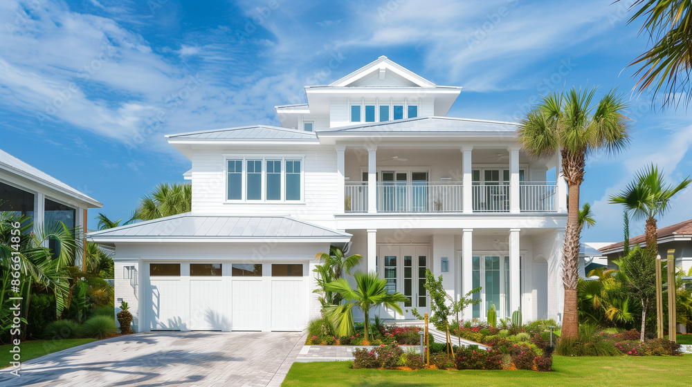 Florida Modern House with Garden. Architecture Exterior with Windows. Residential Building (one family). Real Estate. Suburban Residence. Florida Modern House with Garden. Architecture Exterior with Windows. Residential Building (one family). Real Estate. Suburban Residence.