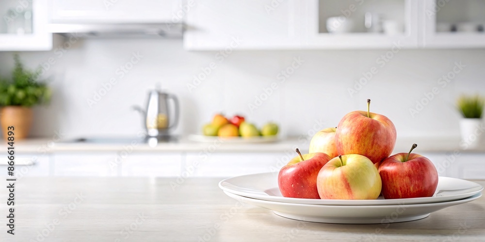Fresh Apples on a White Plate in a Modern Kitchen. A plate of ripe apples is neatly arranged on a wooden kitchen countertop, surrounded by a clean and contemporary kitchen environment. Fresh Apples on a White Plate in a Modern Kitchen. A plate of ripe apples is neatly arranged on a wooden kitchen countertop, surrounded by a clean and contemporary kitchen environment.