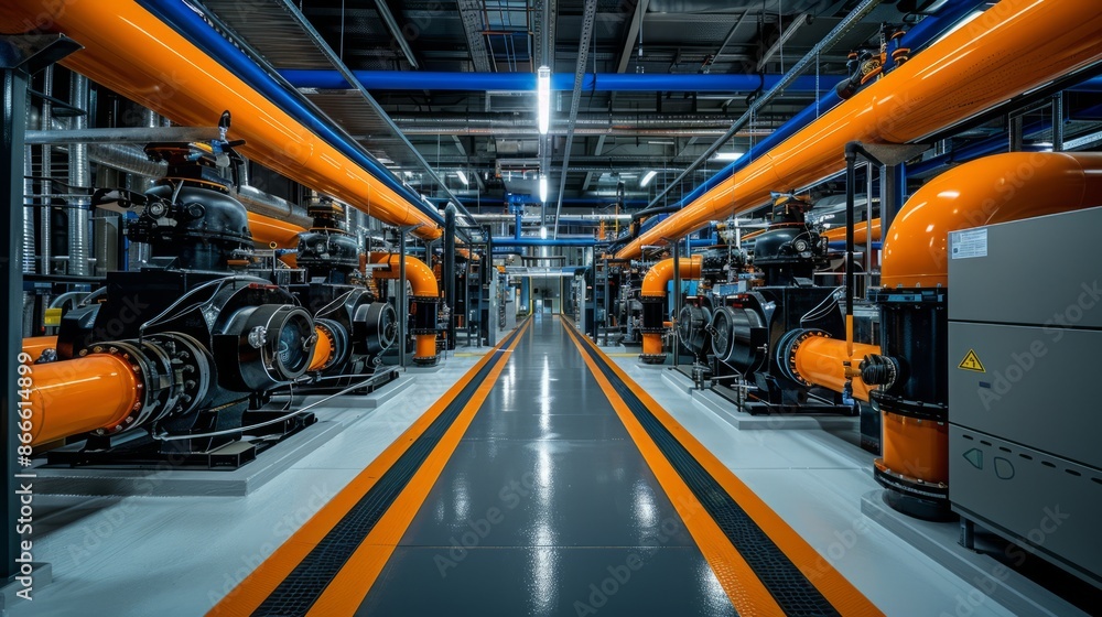 Industrial interior with orange and blue pipes Industrial interior with orange and blue pipes