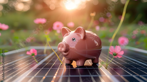 Solar energy money saving. A piggy bank money box on a solar energy panel