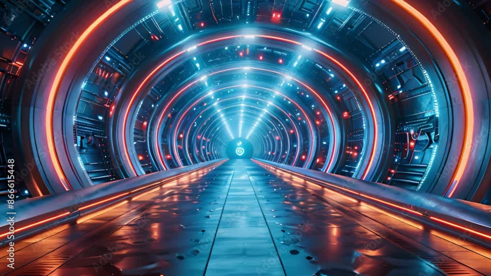 A brightly lit tunnel with blue and orange lights. The tunnel is made of metal and has a futuristic design. A brightly lit tunnel with blue and orange lights. The tunnel is made of metal and has a futuristic design.