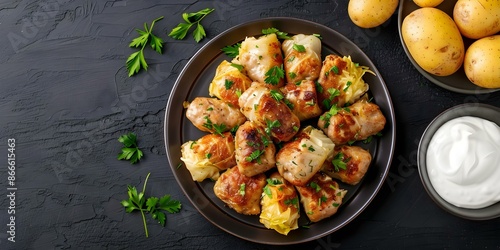 Wallpaper Mural Traditional Estonian dish cabbage rolls with rice and meat, served with potatoes and sour cream. Concept Estonian Cuisine, Cabbage Rolls, Traditional Dishes, Meat and Rice, Potatoes and Sour Cream Torontodigital.ca