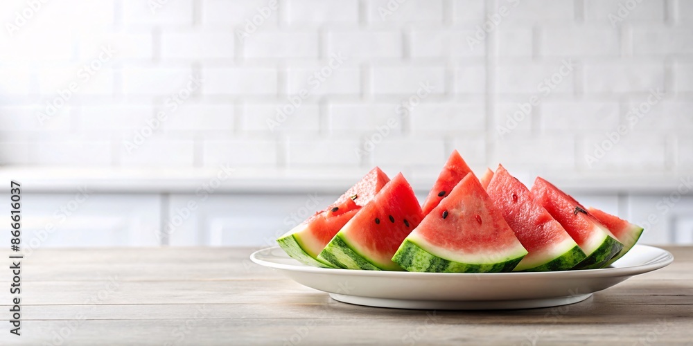 Juicy watermelon slices arranged on a white plate, sitting on a wooden table in a bright kitchen setting. The vibrant red flesh of the watermelon contrasts beautifully with the green rind. Juicy watermelon slices arranged on a white plate, sitting on a wooden table in a bright kitchen setting. The vibrant red flesh of the watermelon contrasts beautifully with the green rind.