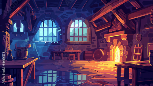 Interior of an Old Stone House with Wooden Furniture and Various Utensils Cartoon Style Background. Vintage Rustic Kitchen Cookware Home Hearth