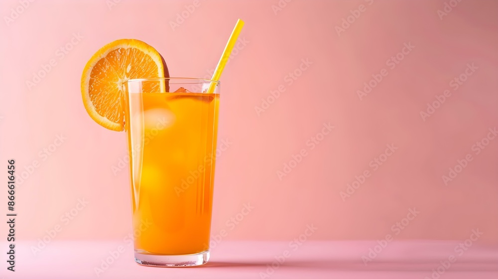 Orange Summer Drink on a pink Background with Sunlight and Shadows Orange Summer Drink on a pink Background with Sunlight and Shadows