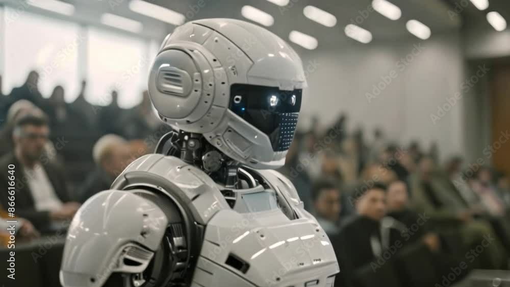 A white robot stands in front of a blurry crowd of people in a large room. The robot appears to be looking ahead, while the audience is out of focus in the background.