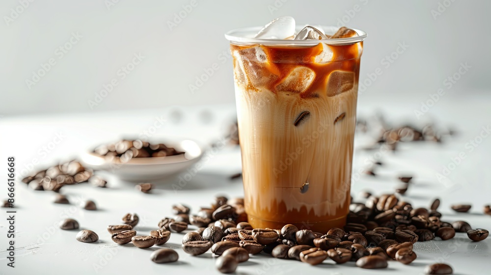 Close-up of latte ice coffee and coffee beans on a clean white backdrop, capturing coffee enjoyment Close-up of latte ice coffee and coffee beans on a clean white backdrop, capturing coffee enjoyment