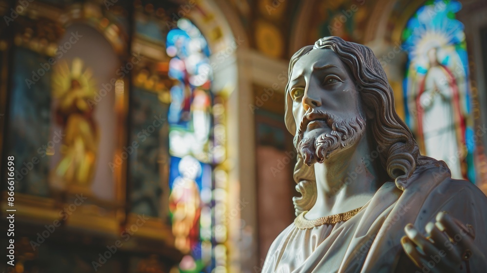 Obraz premium A beautifully crafted statue of Jesus, with a backdrop of richly colored stained glass windows, symbolizing divine grace and inspiration within the church