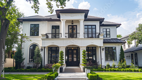 Luxury French Style House with Garden (Neoclassic Style). Architecture Exterior with Windows. Residential Building (one family). Real Estate. Suburban Residence.    © Juli Soho