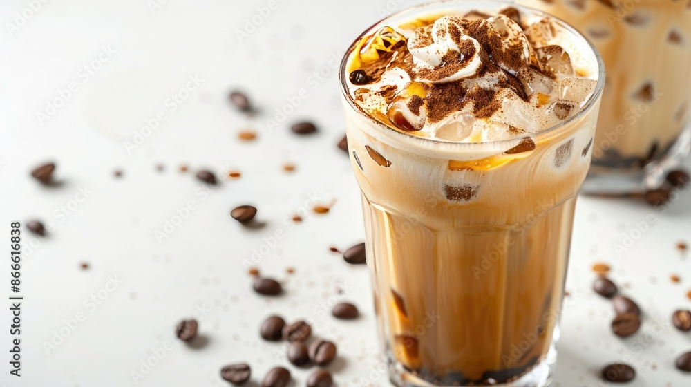 Close-up of latte ice coffee garnished with coffee beans on a white background, perfect for coffee lovers Close-up of latte ice coffee garnished with coffee beans on a white background, perfect for coffee lovers