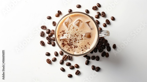 Close-up of latte ice coffee and coffee beans on a white background, showcasing coffee break essentials