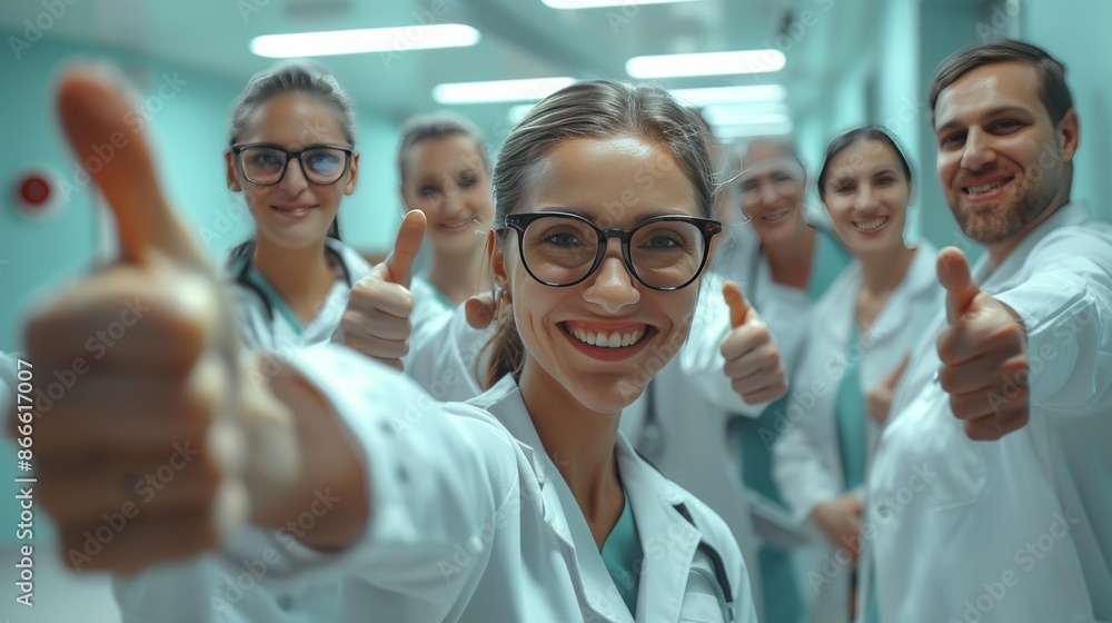 Group of medical professionals giving thumbs up Group of medical professionals giving thumbs up