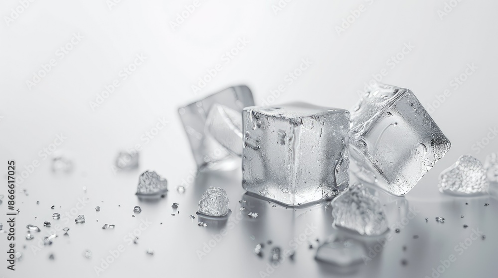 Close-up of three ice cubes isolated on a pristine white background, ideal for illustrating cool and fresh concepts Close-up of three ice cubes isolated on a pristine white background, ideal for illustrating cool and fresh concepts