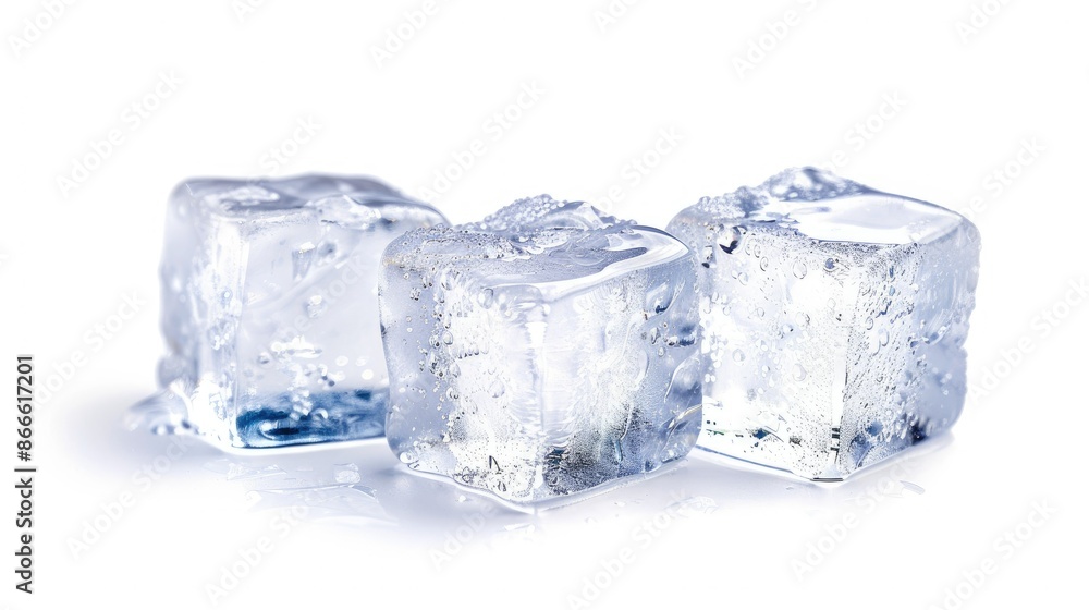 Close-up of three refreshing ice cubes isolated on white, highlighting their role in cooling beverages Close-up of three refreshing ice cubes isolated on white, highlighting their role in cooling beverages